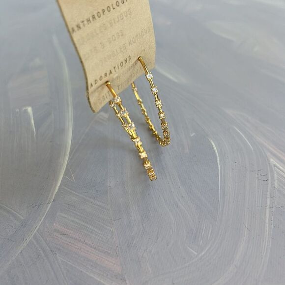 Anthropologie Pave Pattern Gold Hoops with Crystals Size Medium - Picture 6 of 8